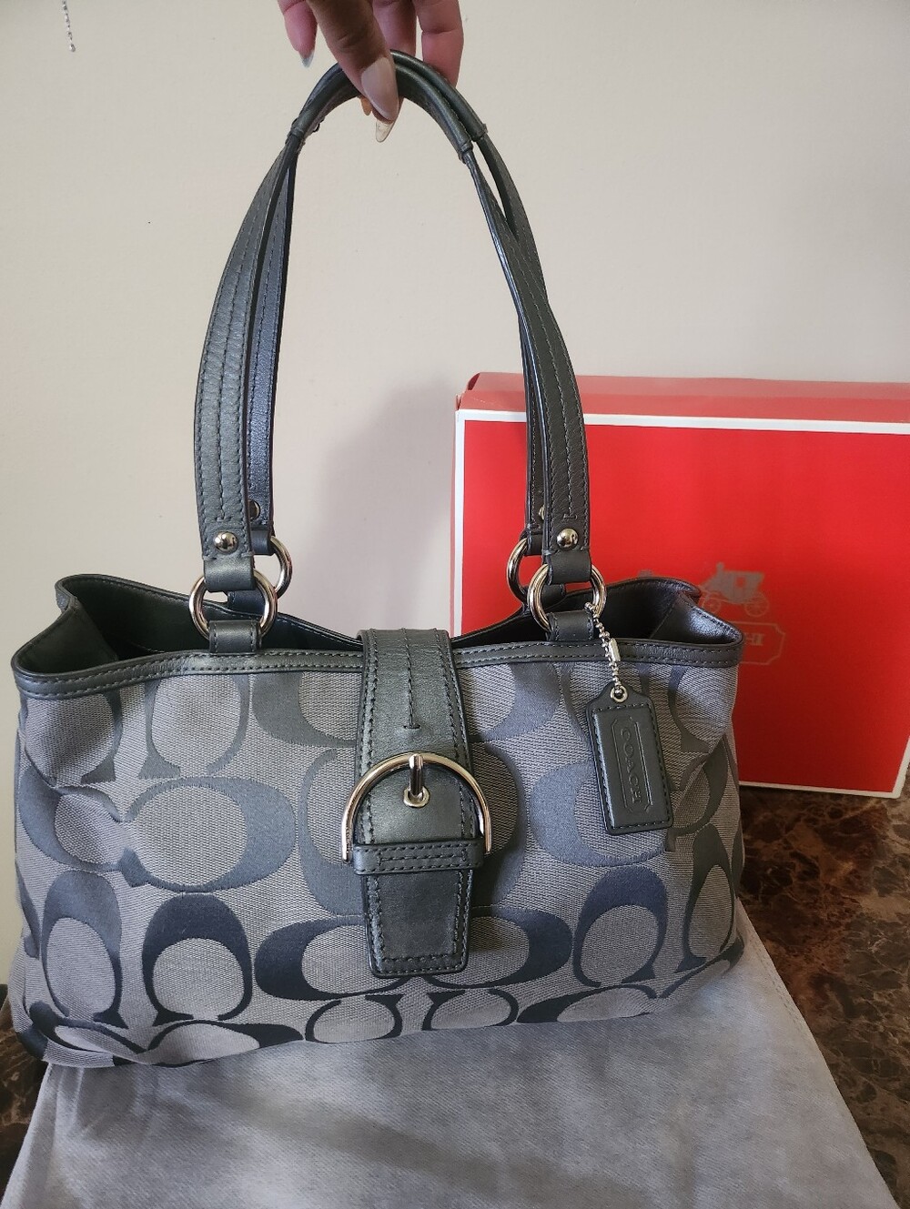 Coach Gray Signature Canvas Shoulder Bag with Leather Trim EUC - Picture 13 of 14